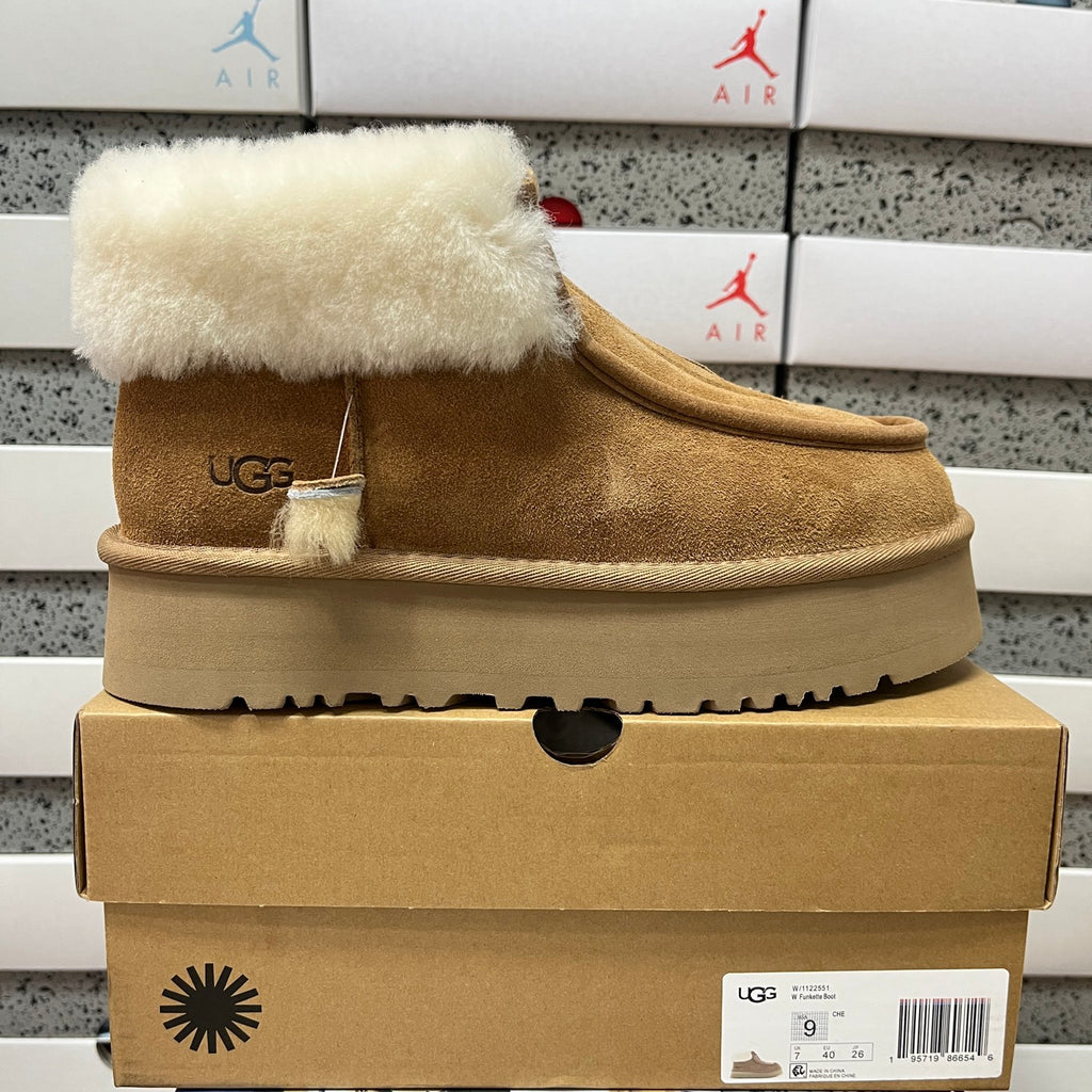 Chestnut Platform Ankle Boots with Cream Fluffy Collar