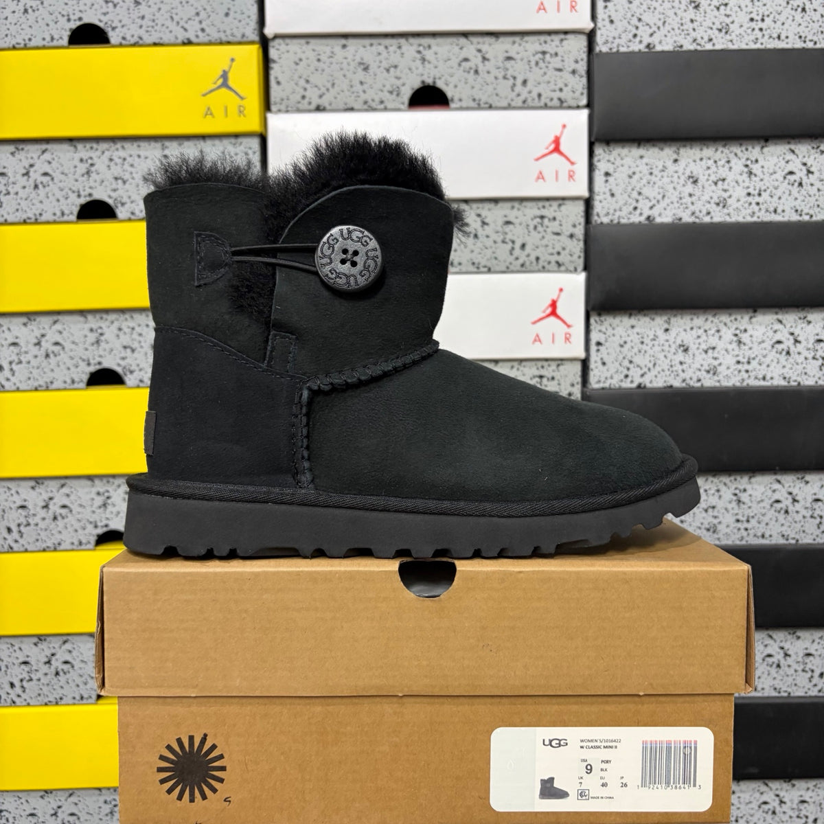 Black Button-Detail Mid-Calf Boots