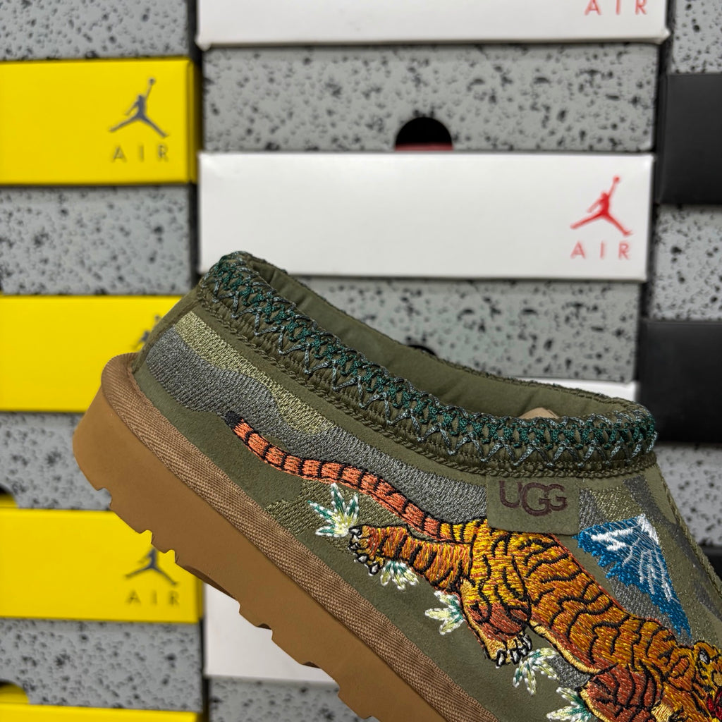 Olive Green Dragon & Tiger Embroidered Slip-On Shoes