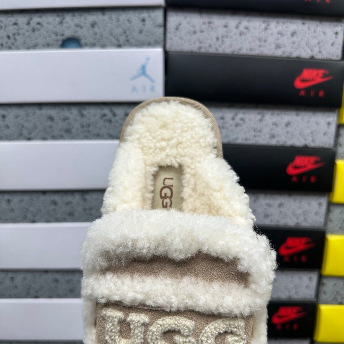 Khaki Slip-On Mule Slippers with Fluffy Trim