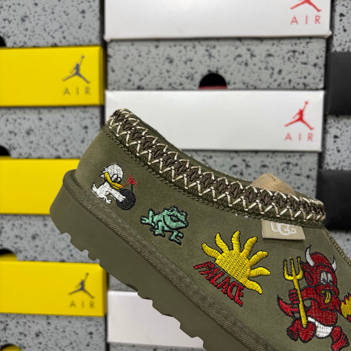 Olive Green Embroidered Slip-On Shoes with Braided Collar