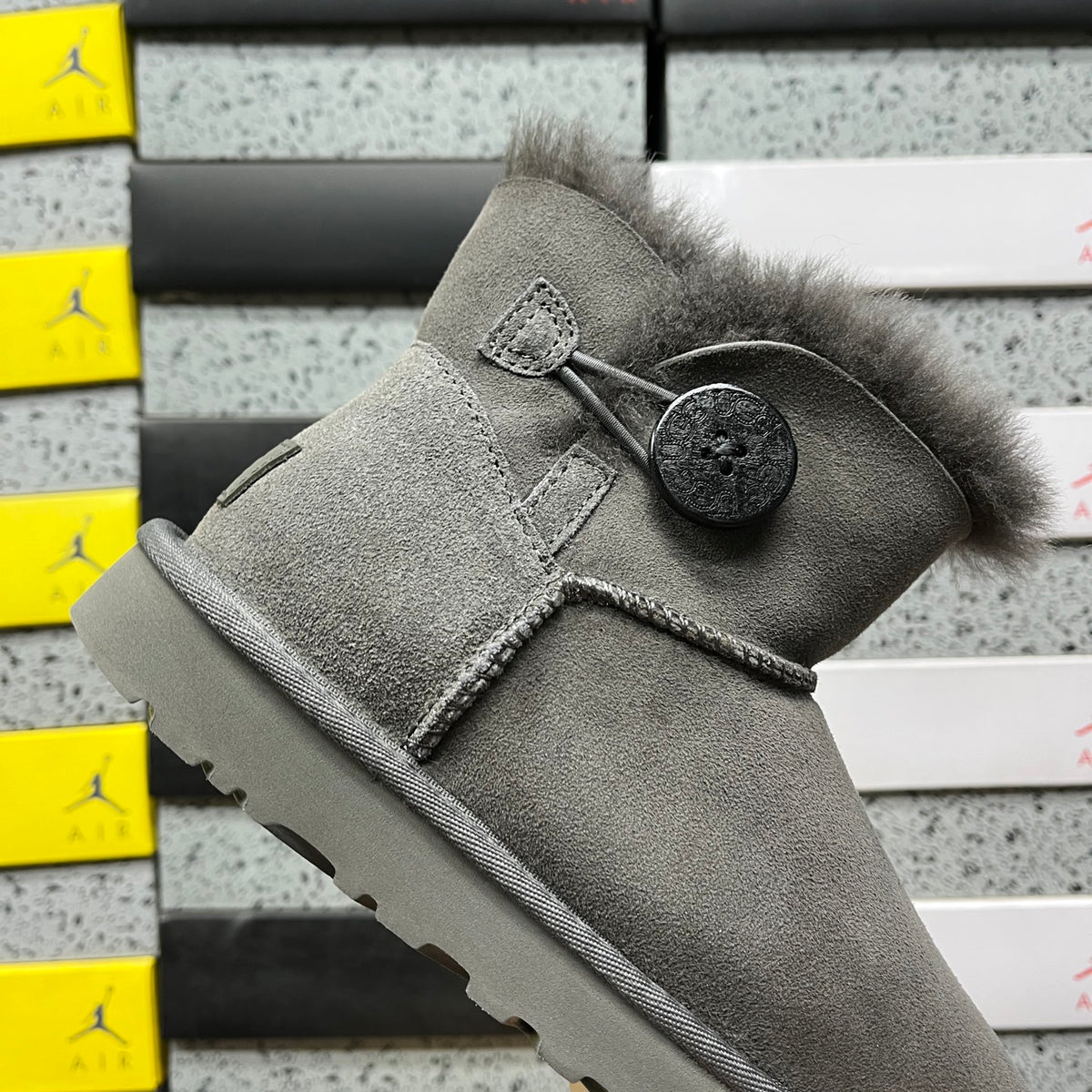 Grey Button-Detail Mini Ankle Boots