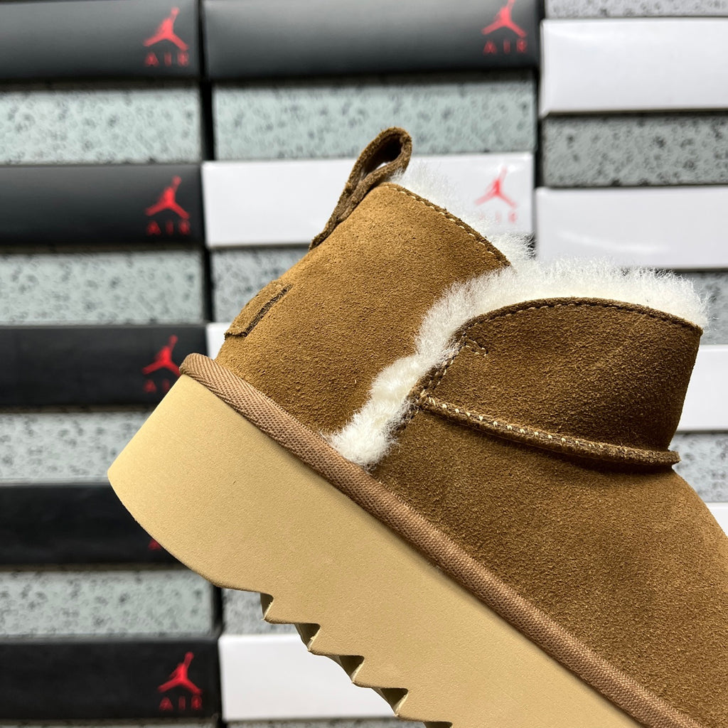 Chestnut Mini Platform Ankle Boots with Fluffy Trim - 5 cm Sole