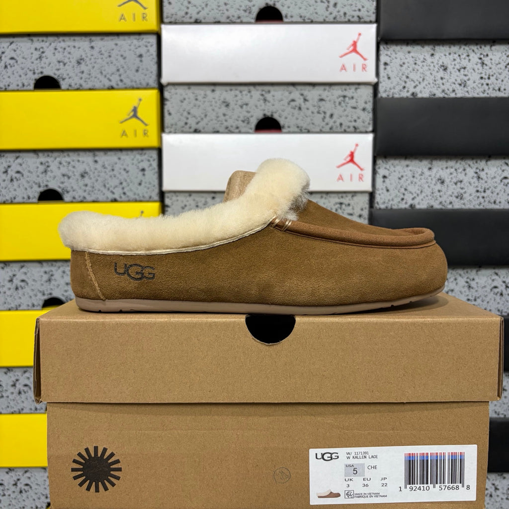 Chestnut Moccasin Slippers with Fluffy Collar