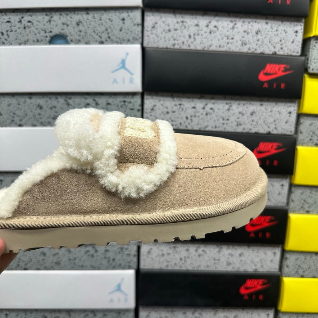 Khaki Slip-On Mule Slippers with Fluffy Trim