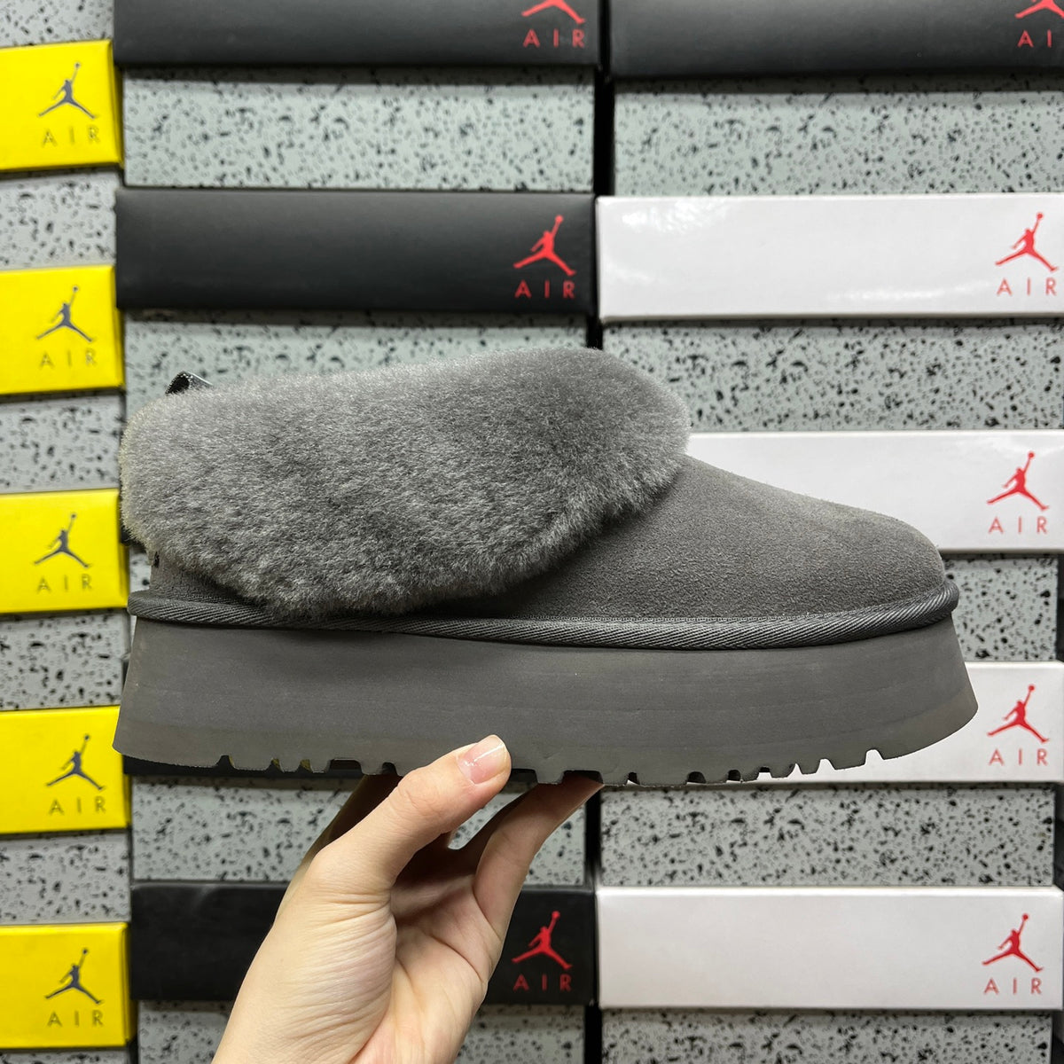 Grey Platform Slip-On Shoes with Fluffy Collar