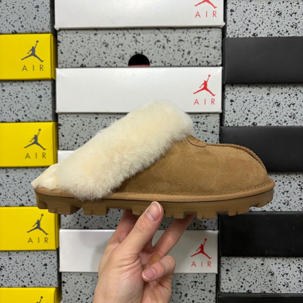 Chestnut Mule Slippers with Oversized Fluffy Trim