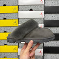 Grey Mule Slippers with Oversized Fluffy Trim