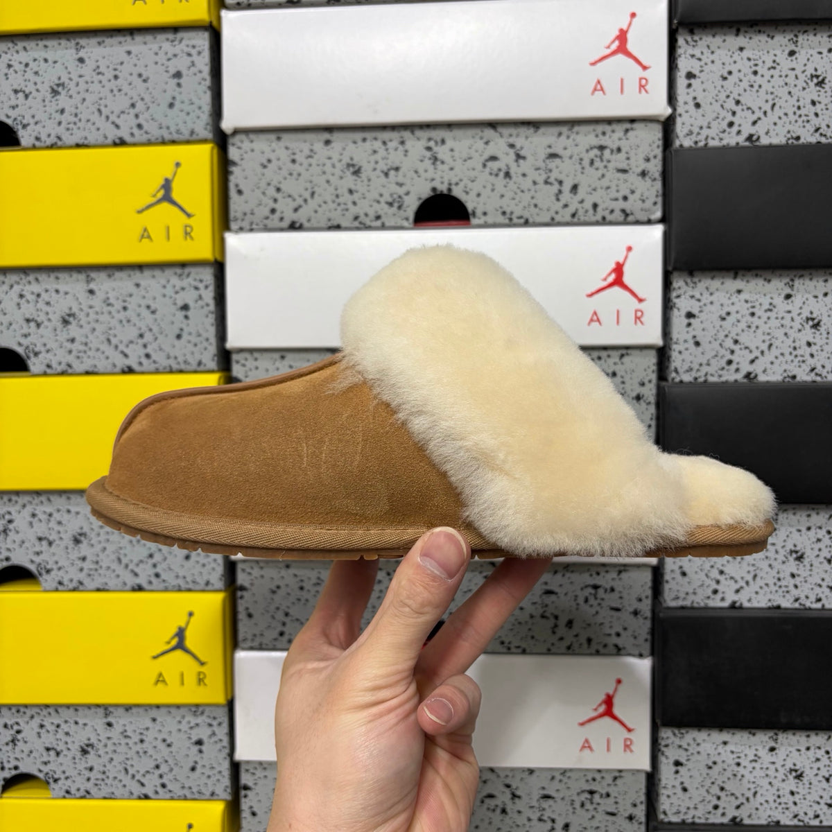 Chestnut Mule Slippers with Oversized Cream Fluffy Trim