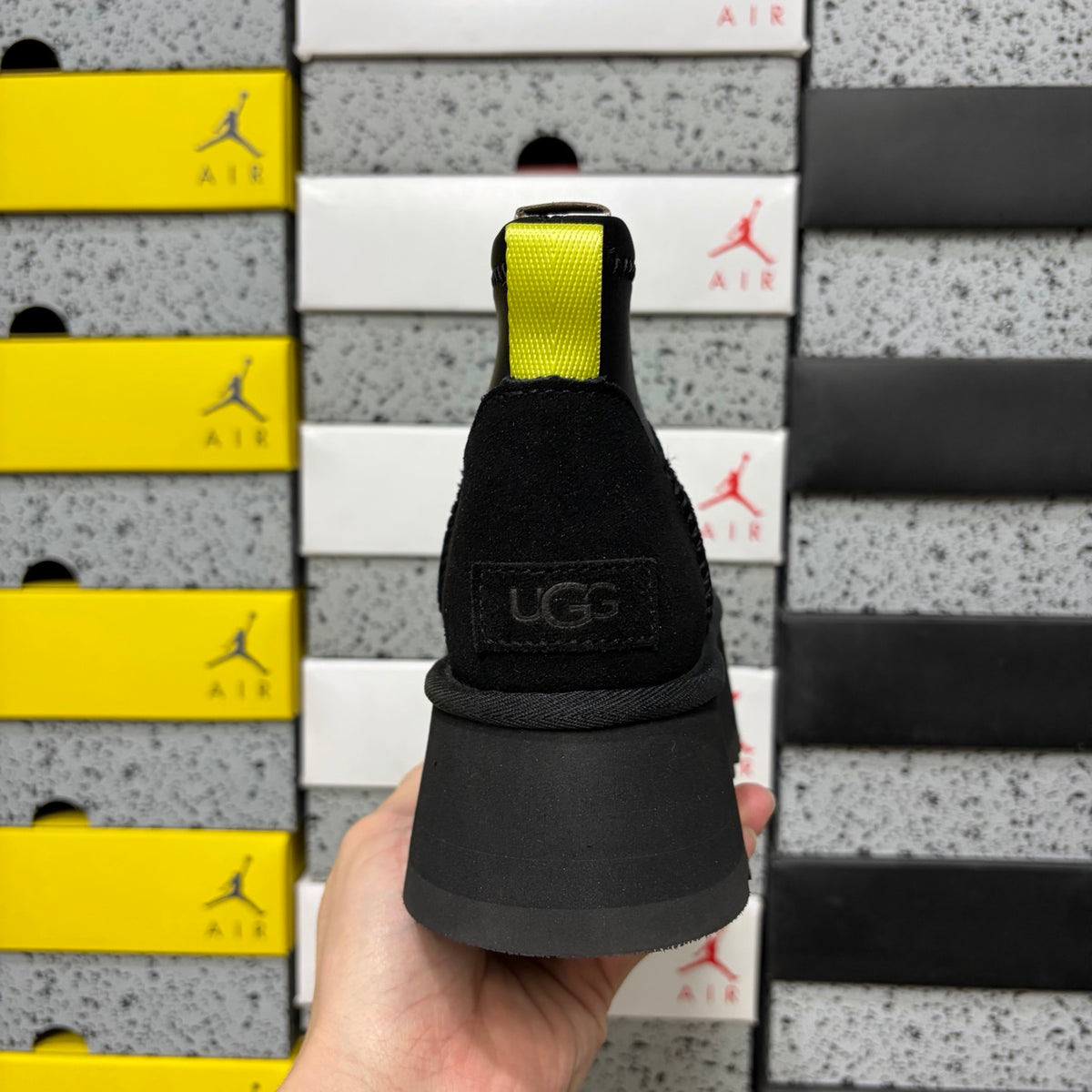 Black Platform Ankle Boots with Neon Yellow Pull Tab