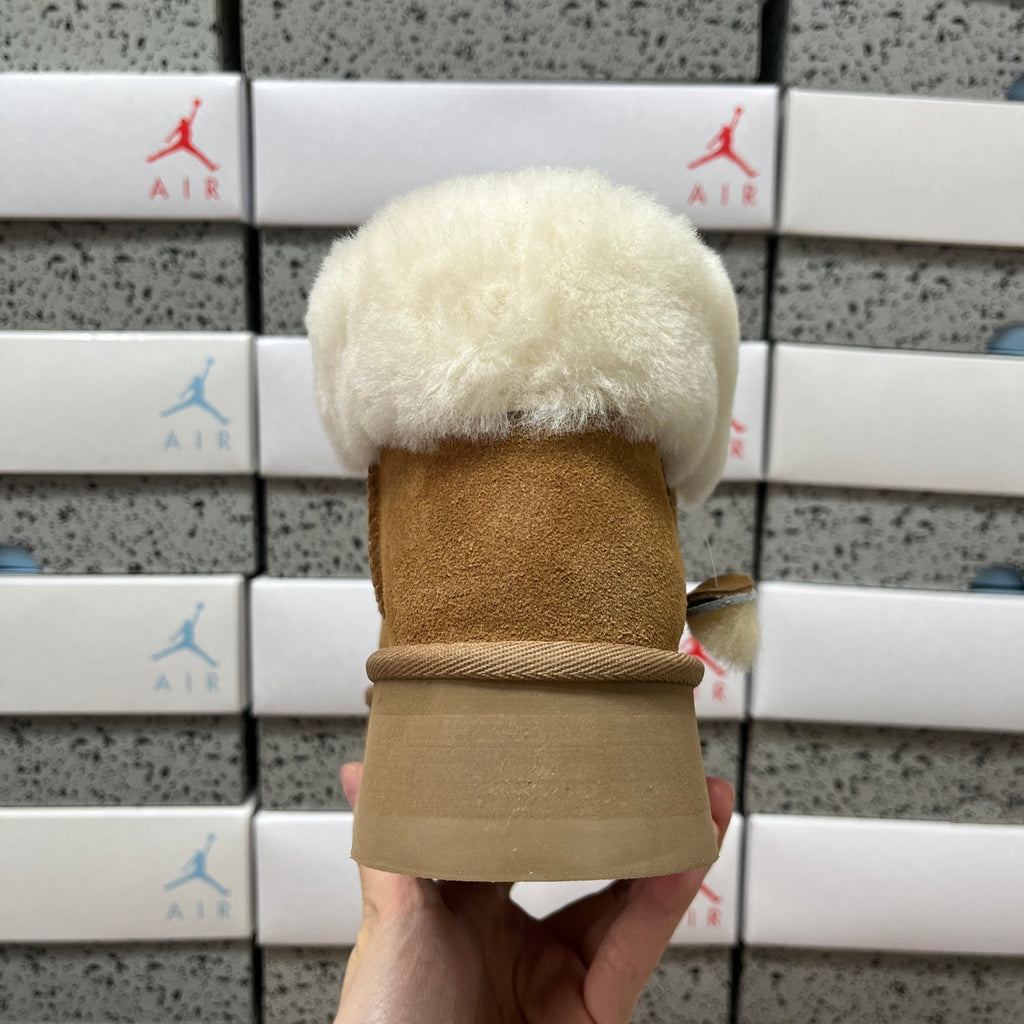 Chestnut Platform Ankle Boots with Cream Fluffy Collar