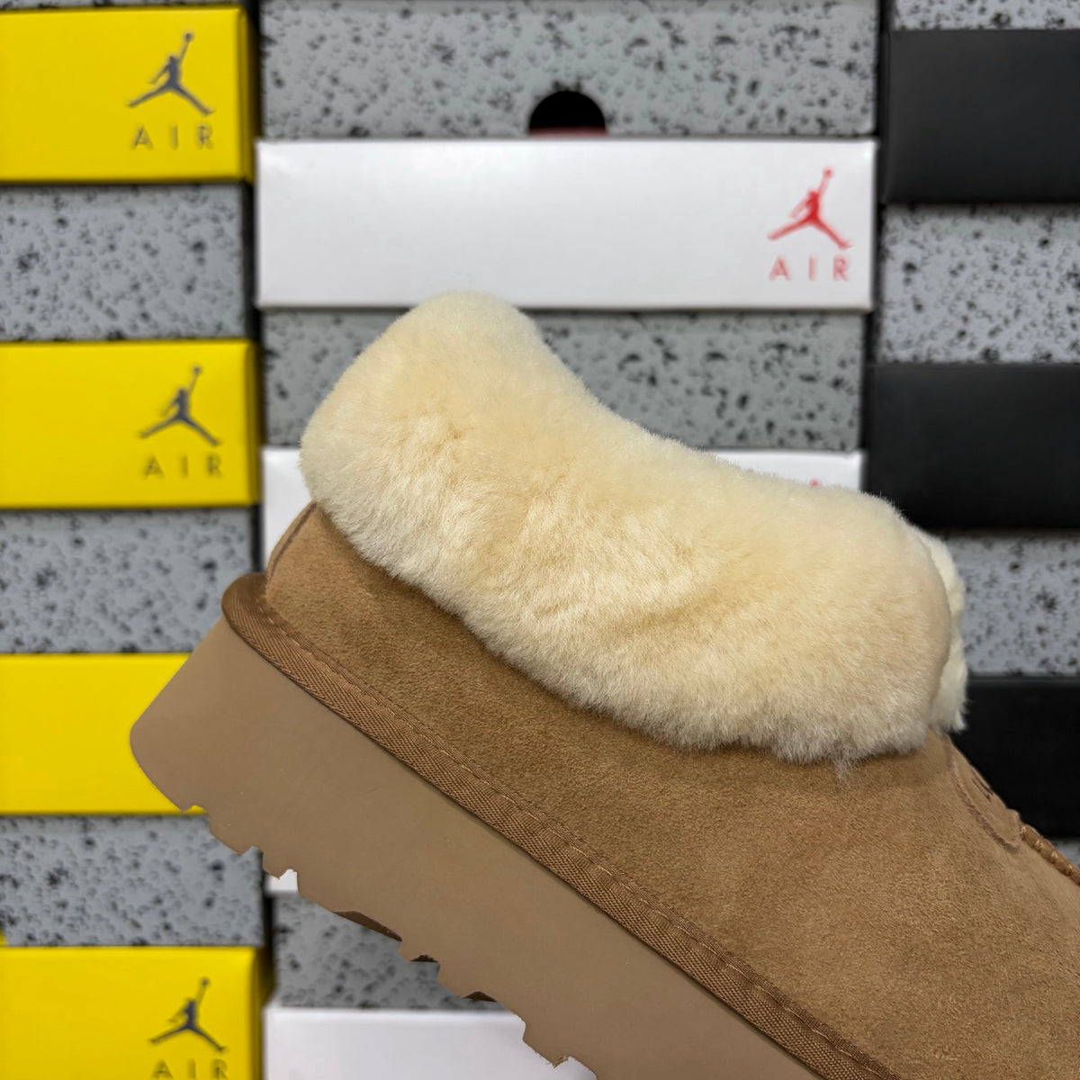Chestnut Slip-On Shoes with Oversized Fluffy Collar