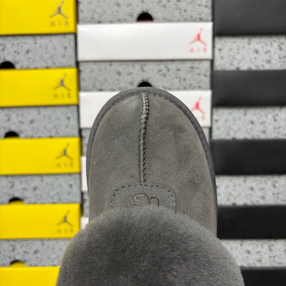 Grey Mule Slippers with Oversized Fluffy Trim