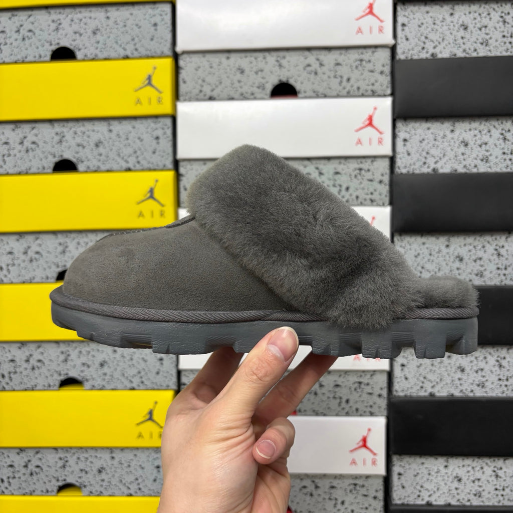 Grey Mule Slippers with Oversized Fluffy Trim