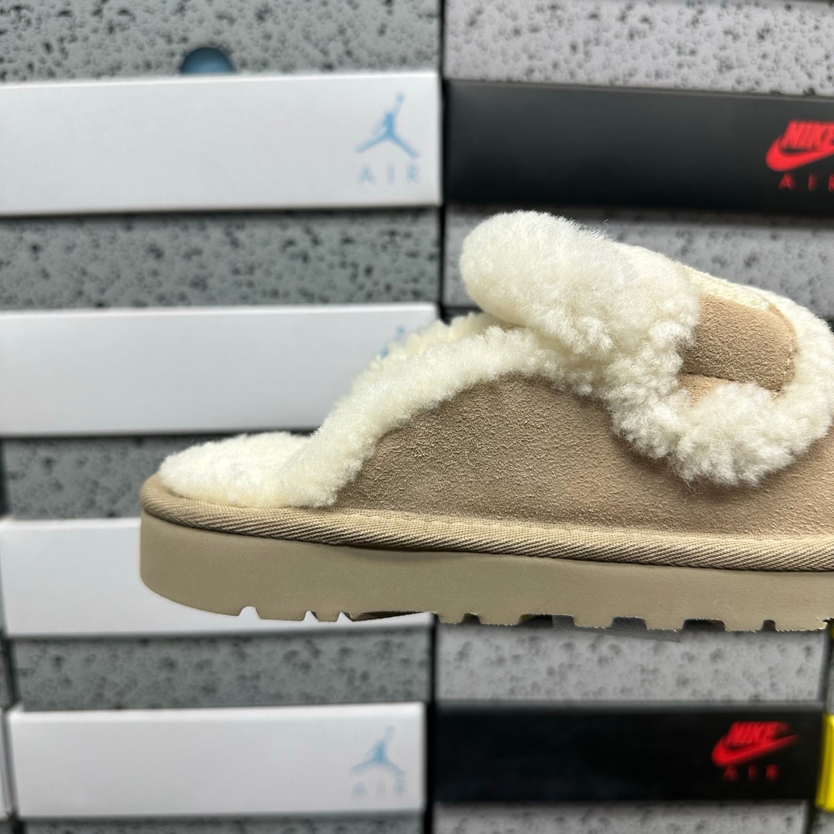 Khaki Slip-On Mule Slippers with Fluffy Trim