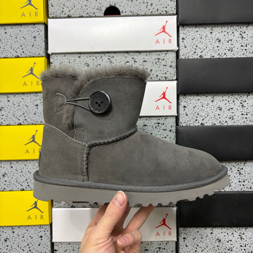 Grey Button-Detail Mid-Calf Boots