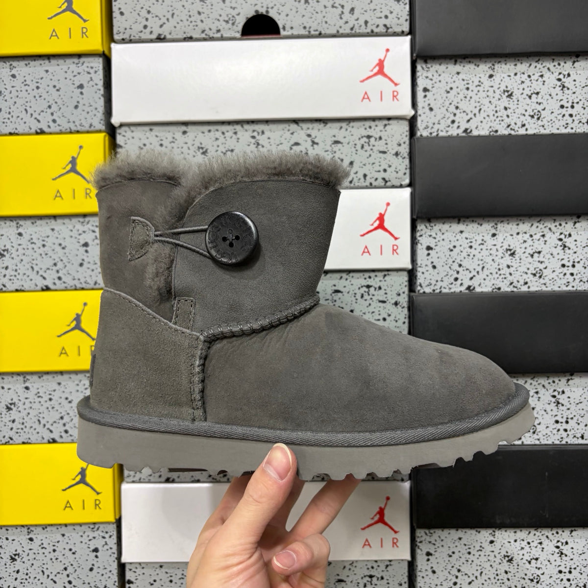 Grey Button-Detail Mid-Calf Boots