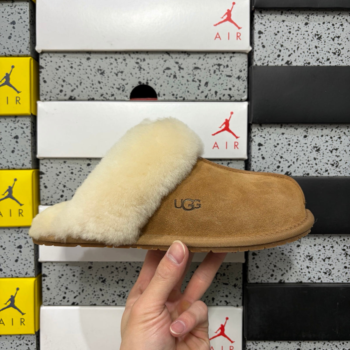 Chestnut Mule Slippers with Oversized Cream Fluffy Trim