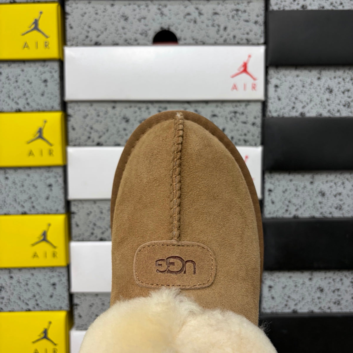 Chestnut Slip-On Shoes with Oversized Fluffy Collar