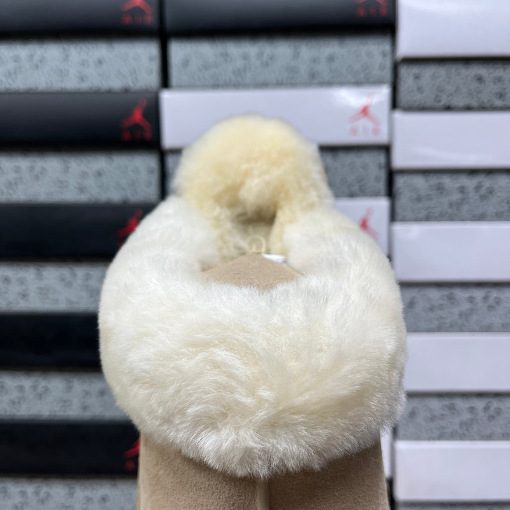 Sand Platform Clog Slippers with Cream Fluffy Trim