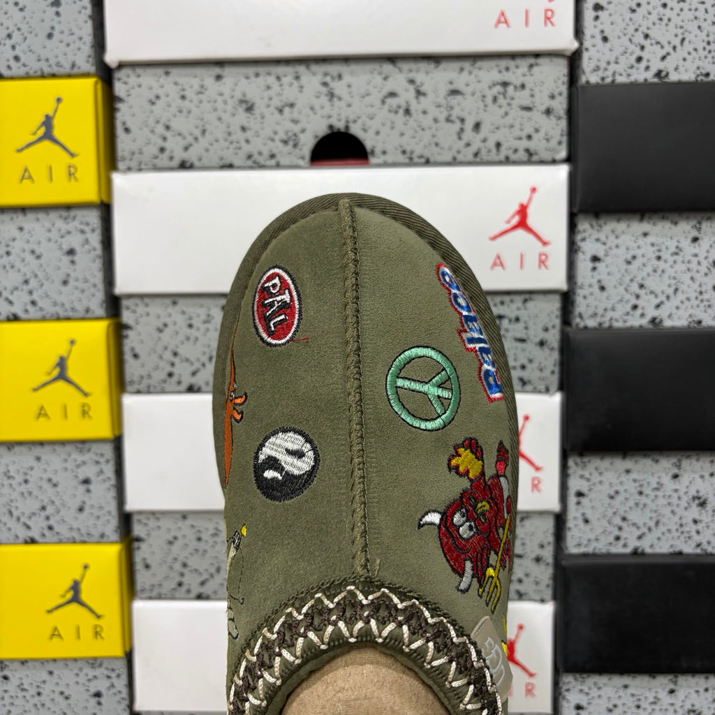 Olive Green Embroidered Slip-On Shoes with Braided Collar