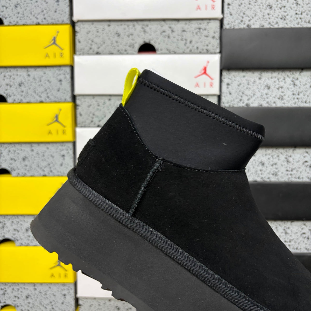 Black Platform Ankle Boots with Neon Yellow Pull Tab