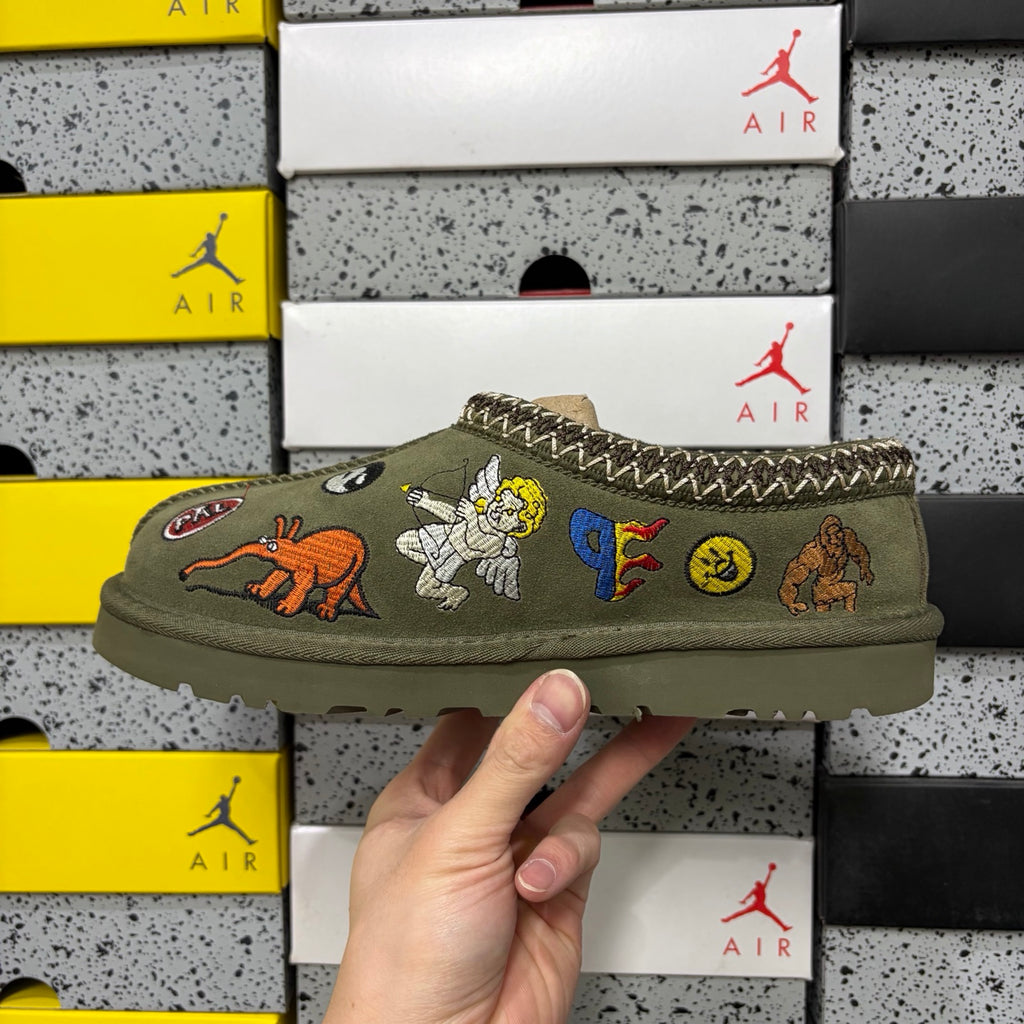 Olive Green Embroidered Slip-On Shoes with Braided Collar