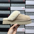 Sand Platform Clog Slippers with Cream Fluffy Trim