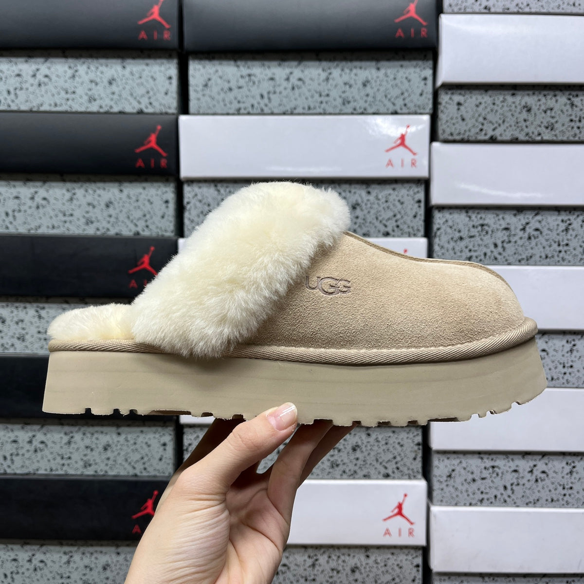 Sand Platform Clog Slippers with Cream Fluffy Trim