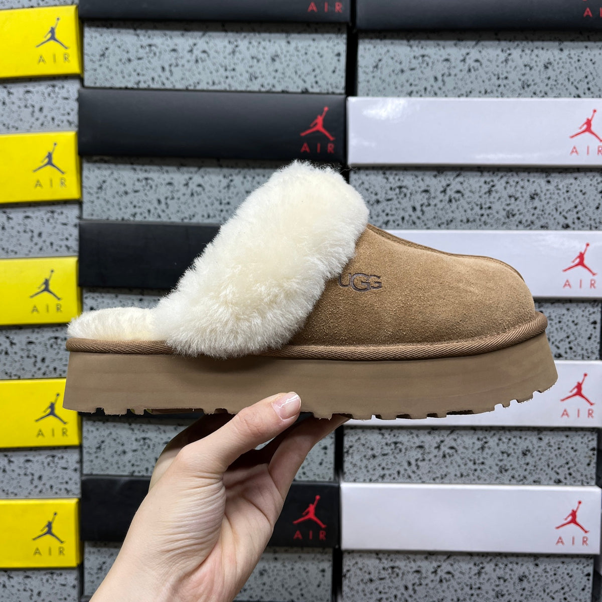 Chestnut Platform Clog Slippers with Cream Fluffy Trim