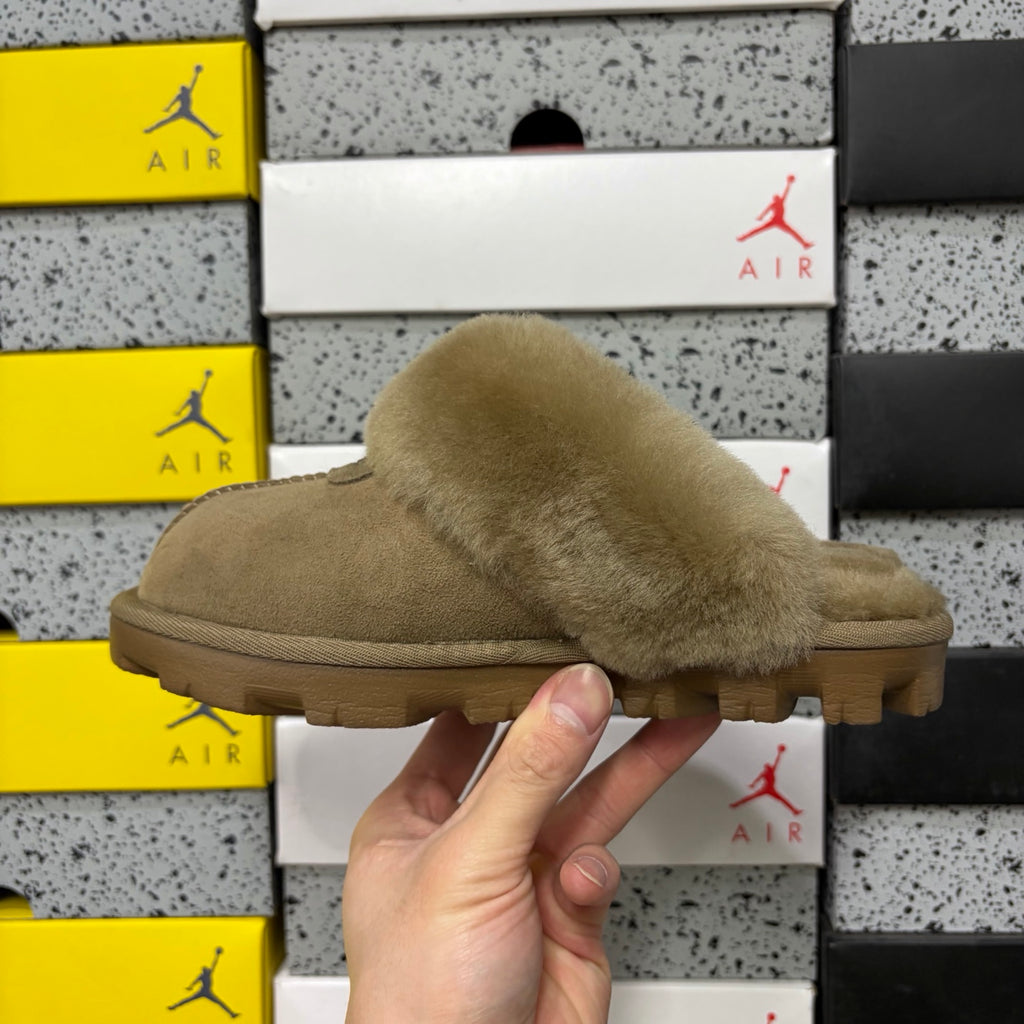 Antelope Brown Mule Slippers with Oversized Fluffy Trim