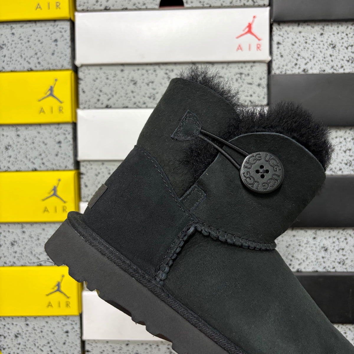 Black Button-Detail Mid-Calf Boots