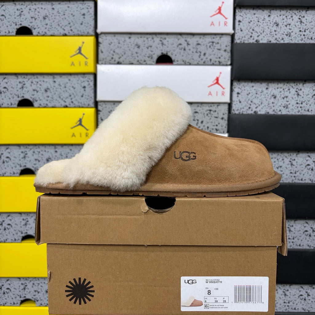 Chestnut Mule Slippers with Oversized Cream Fluffy Trim