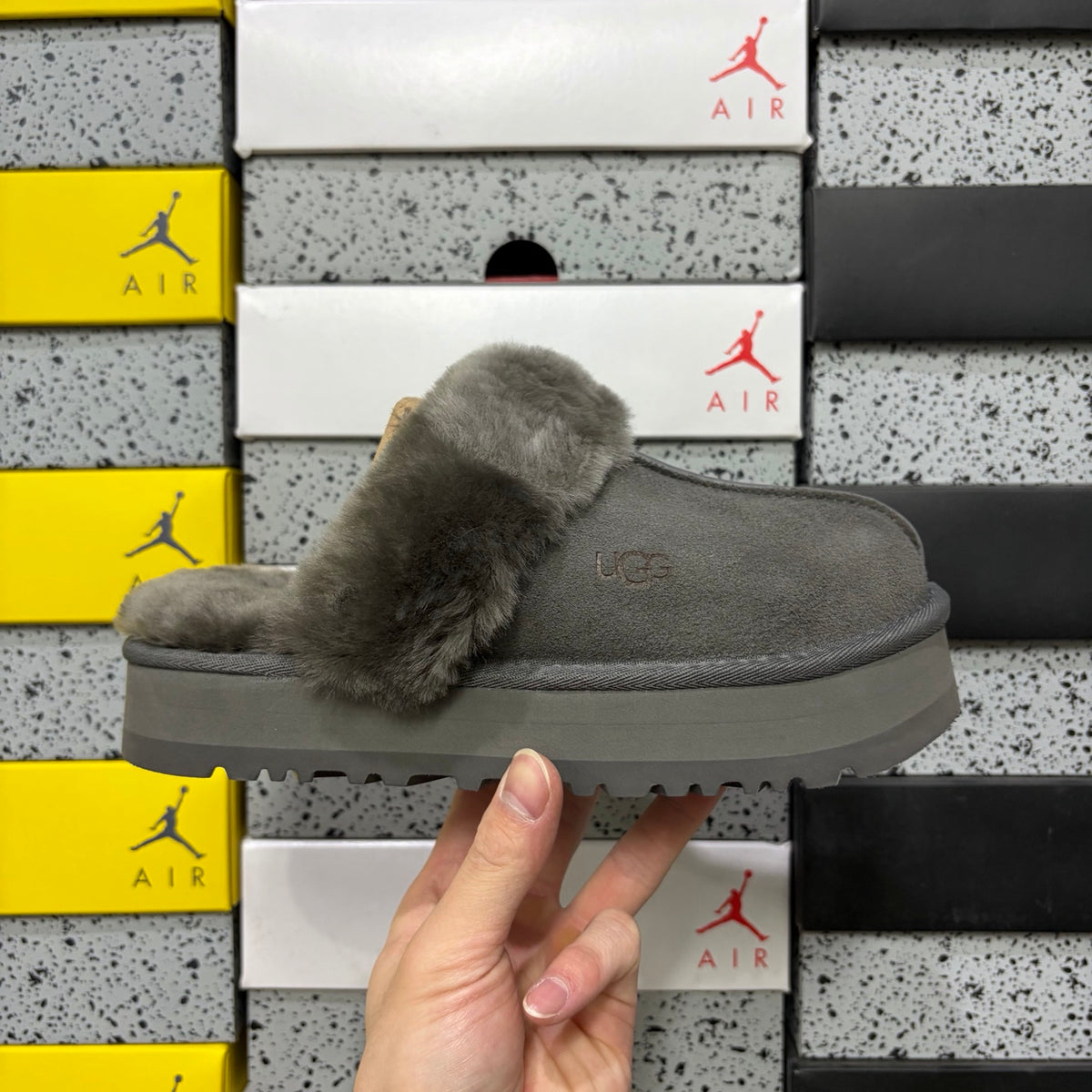 UGG Gray Platform Slippers with Plush Trim