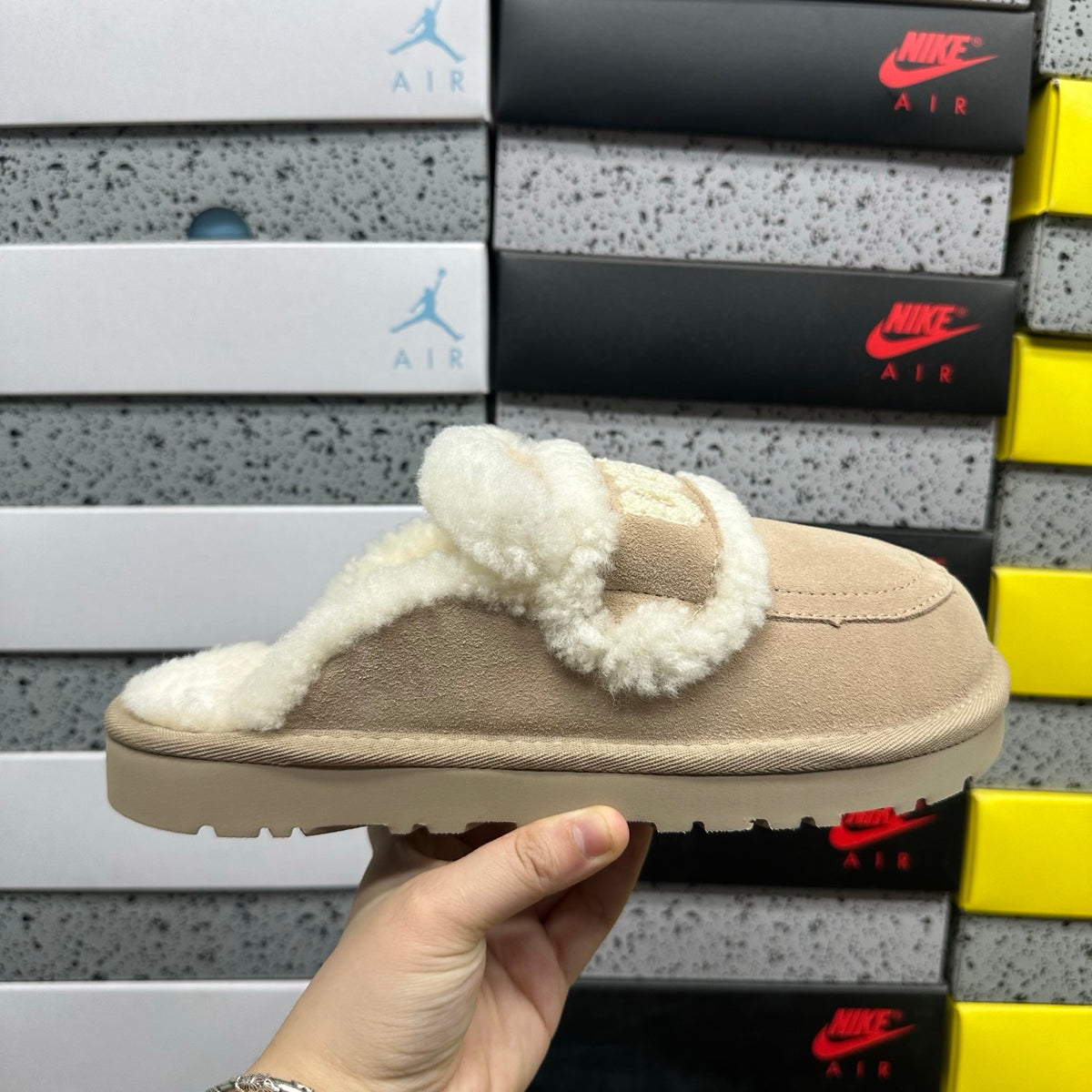 Khaki Slip-On Mule Slippers with Fluffy Trim