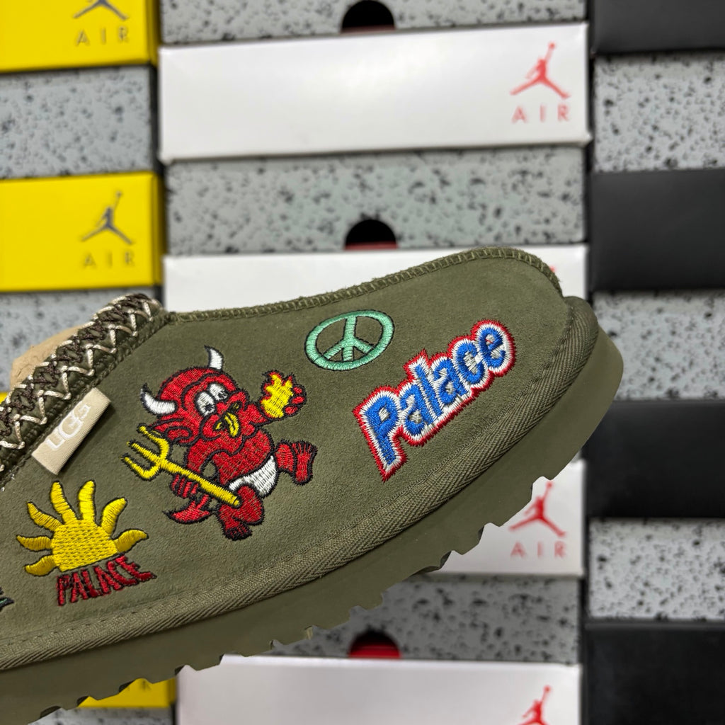 Olive Green Embroidered Slip-On Shoes with Braided Collar