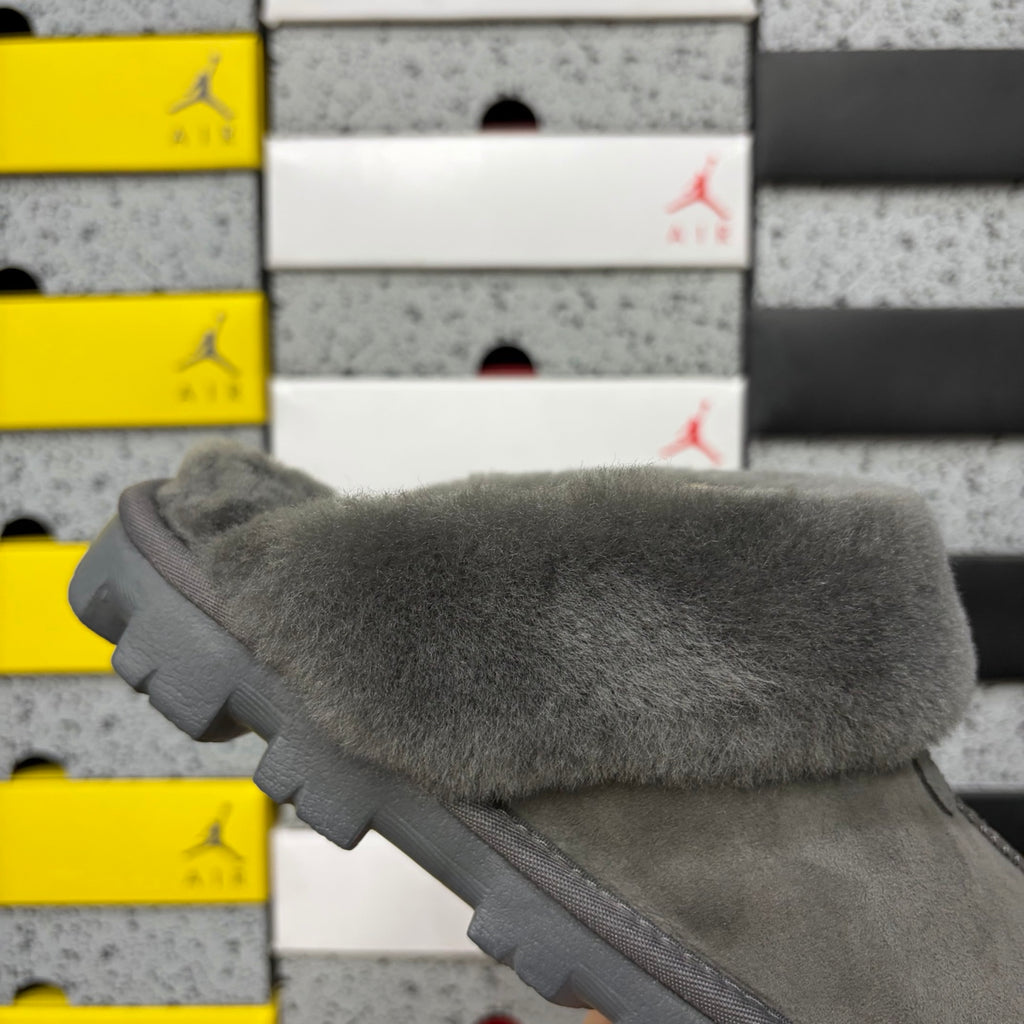 Grey Mule Slippers with Oversized Fluffy Trim