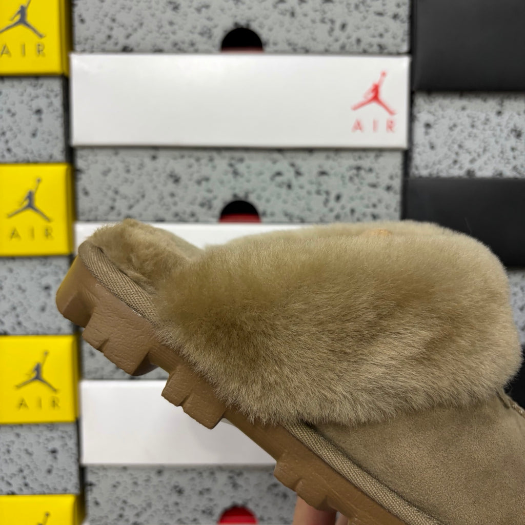 Antelope Brown Mule Slippers with Oversized Fluffy Trim