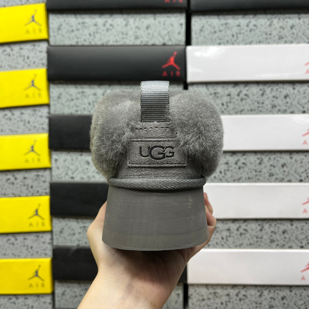 Grey Platform Slip-On Shoes with Fluffy Collar