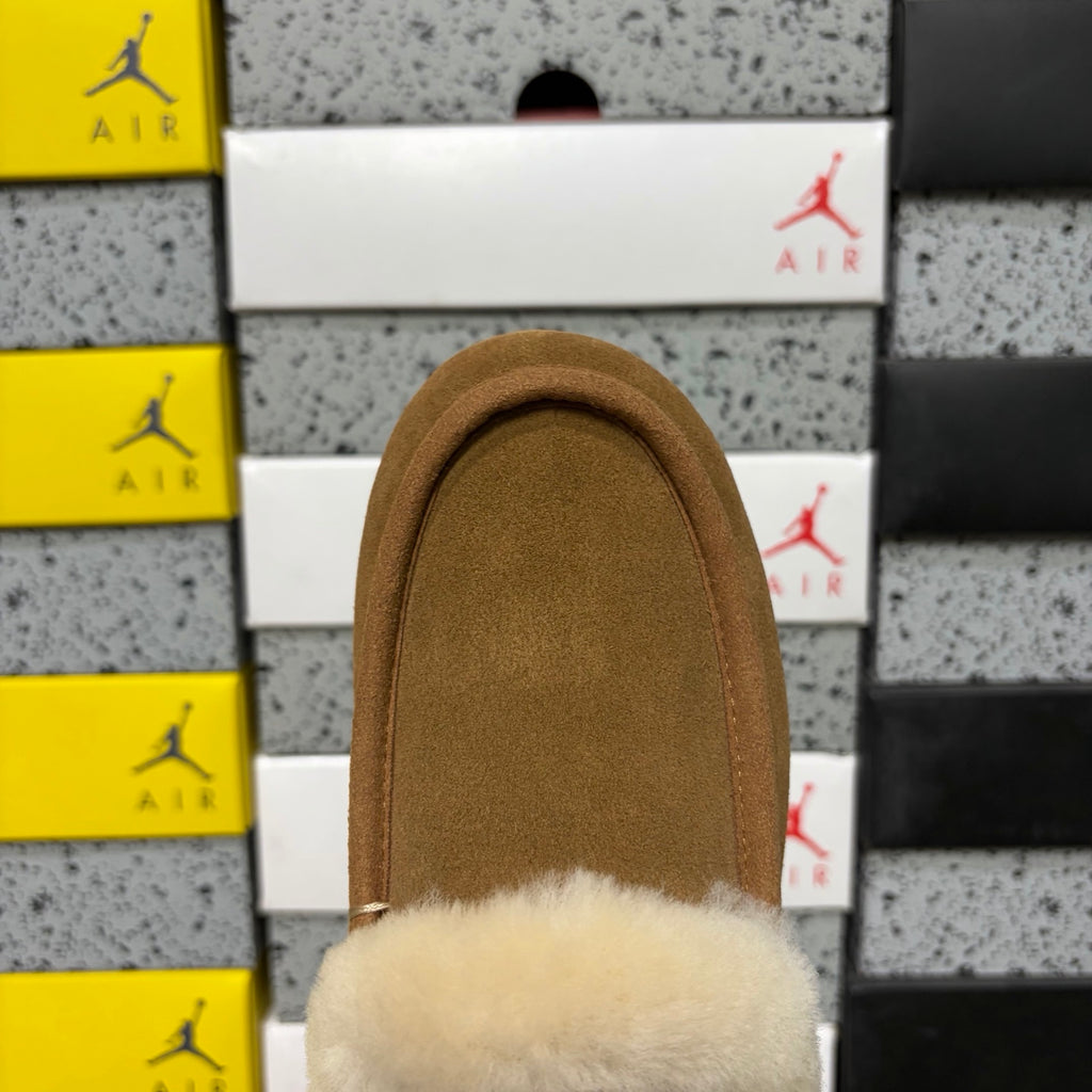 Chestnut Moccasin Slippers with Fluffy Collar
