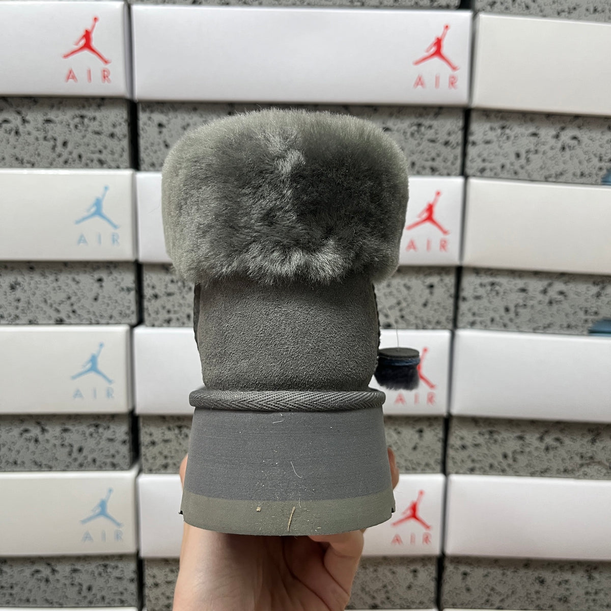 Grey Platform Ankle Boots with Fluffy Collar