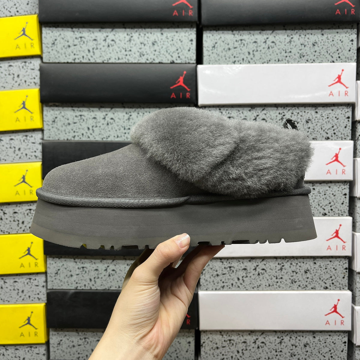 Grey Platform Slip-On Shoes with Fluffy Collar