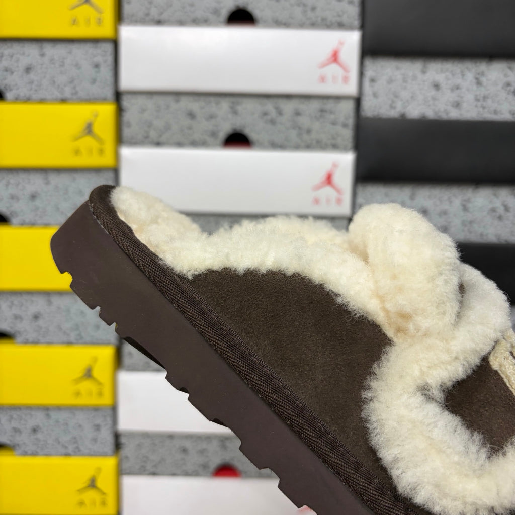 Chocolate Brown Slip-On Mule Slippers with Fluffy Trim