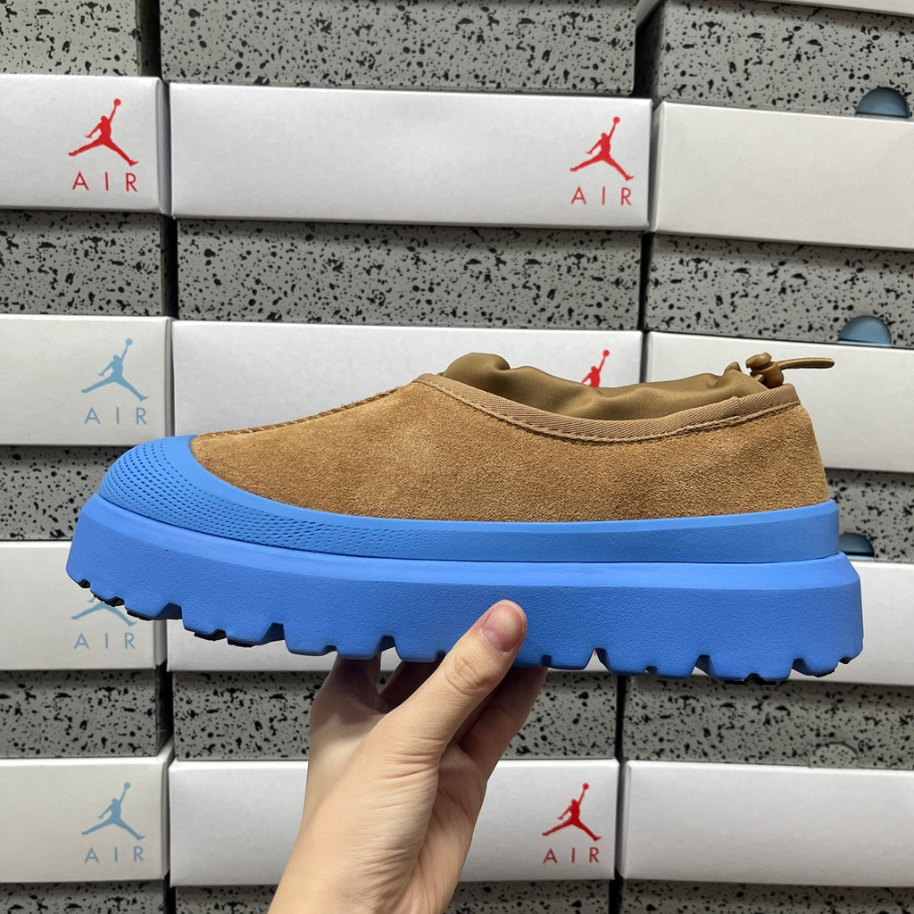 Chestnut Slip-On Shoes with Bright Blue Chunky Sole