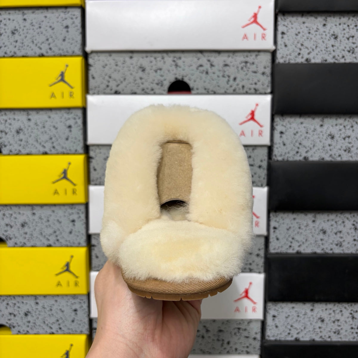 Chestnut Mule Slippers with Oversized Cream Fluffy Trim