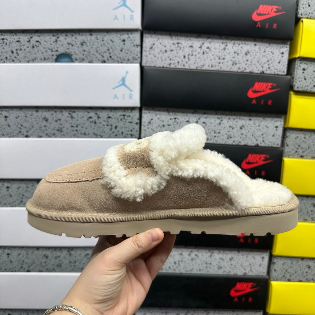 Khaki Slip-On Mule Slippers with Fluffy Trim