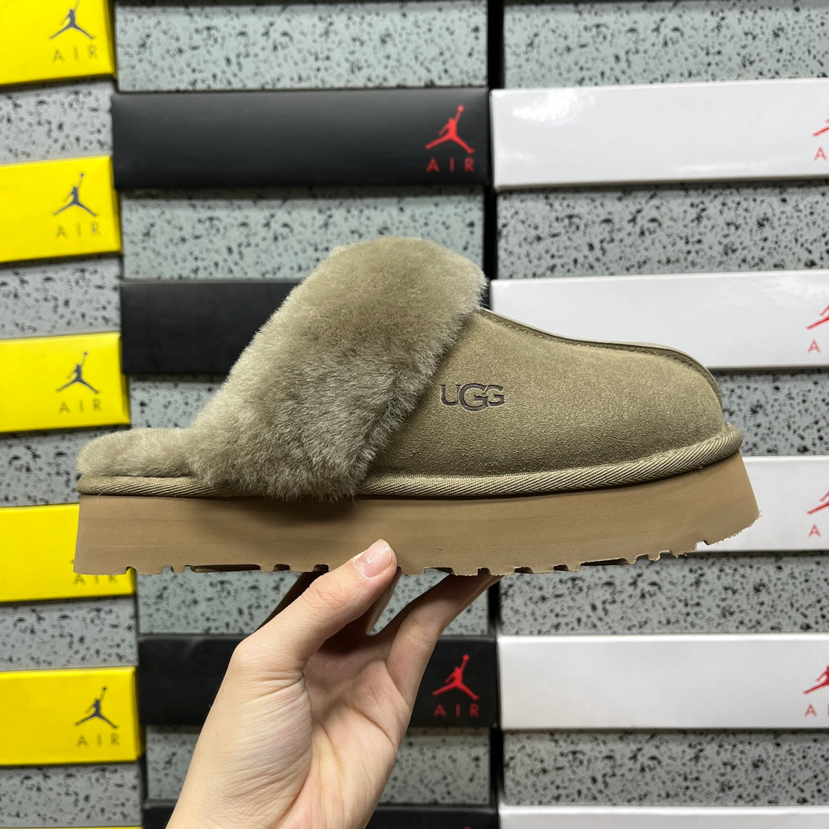 Antelope Brown Platform Clog Slippers with Fluffy Trim