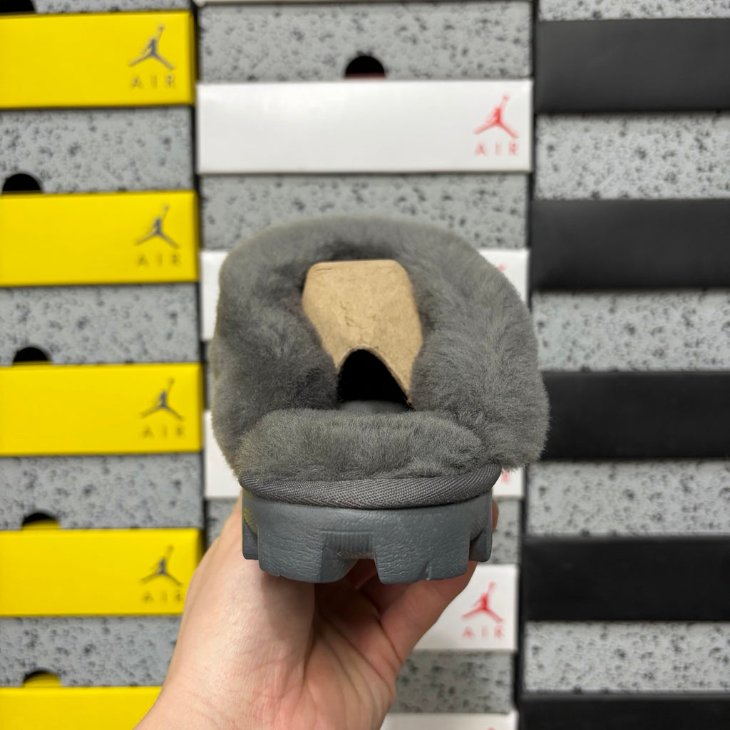 Grey Mule Slippers with Oversized Fluffy Trim
