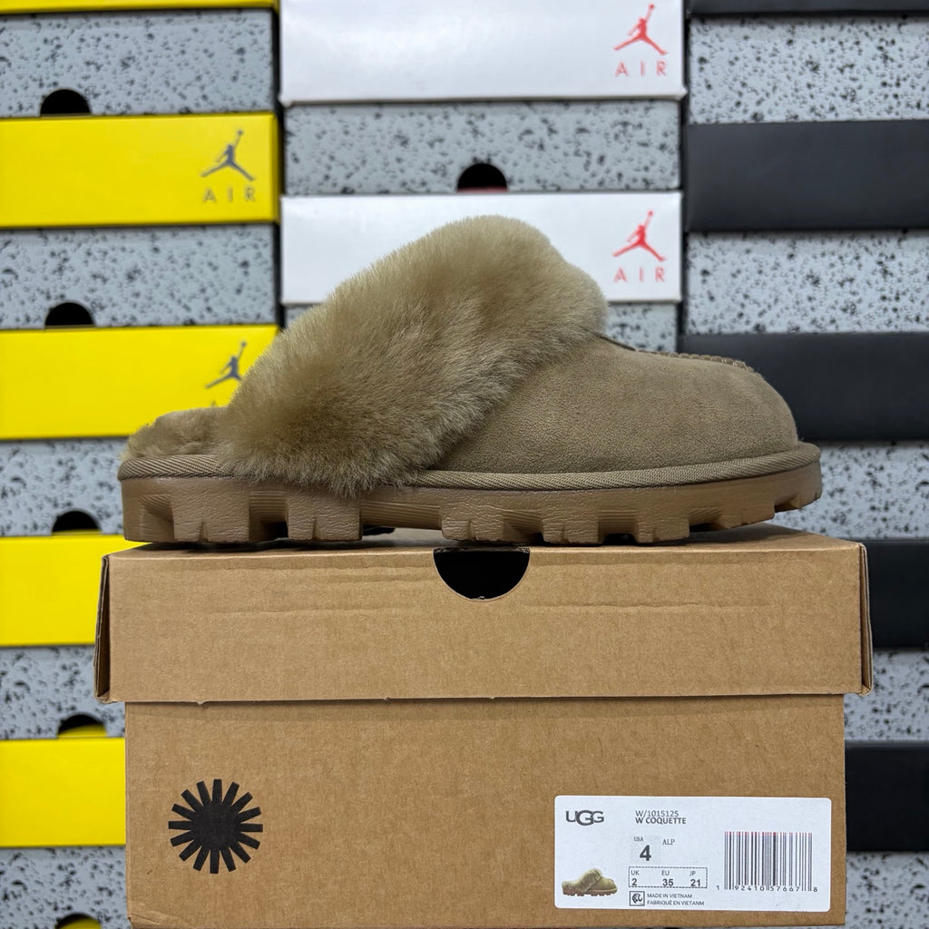 Antelope Brown Mule Slippers with Oversized Fluffy Trim