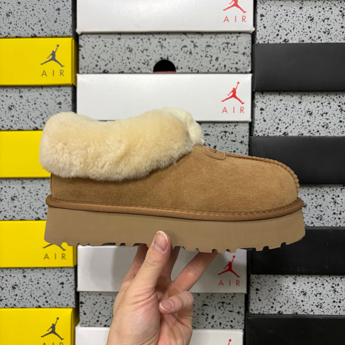 Chestnut Slip-On Shoes with Oversized Fluffy Collar
